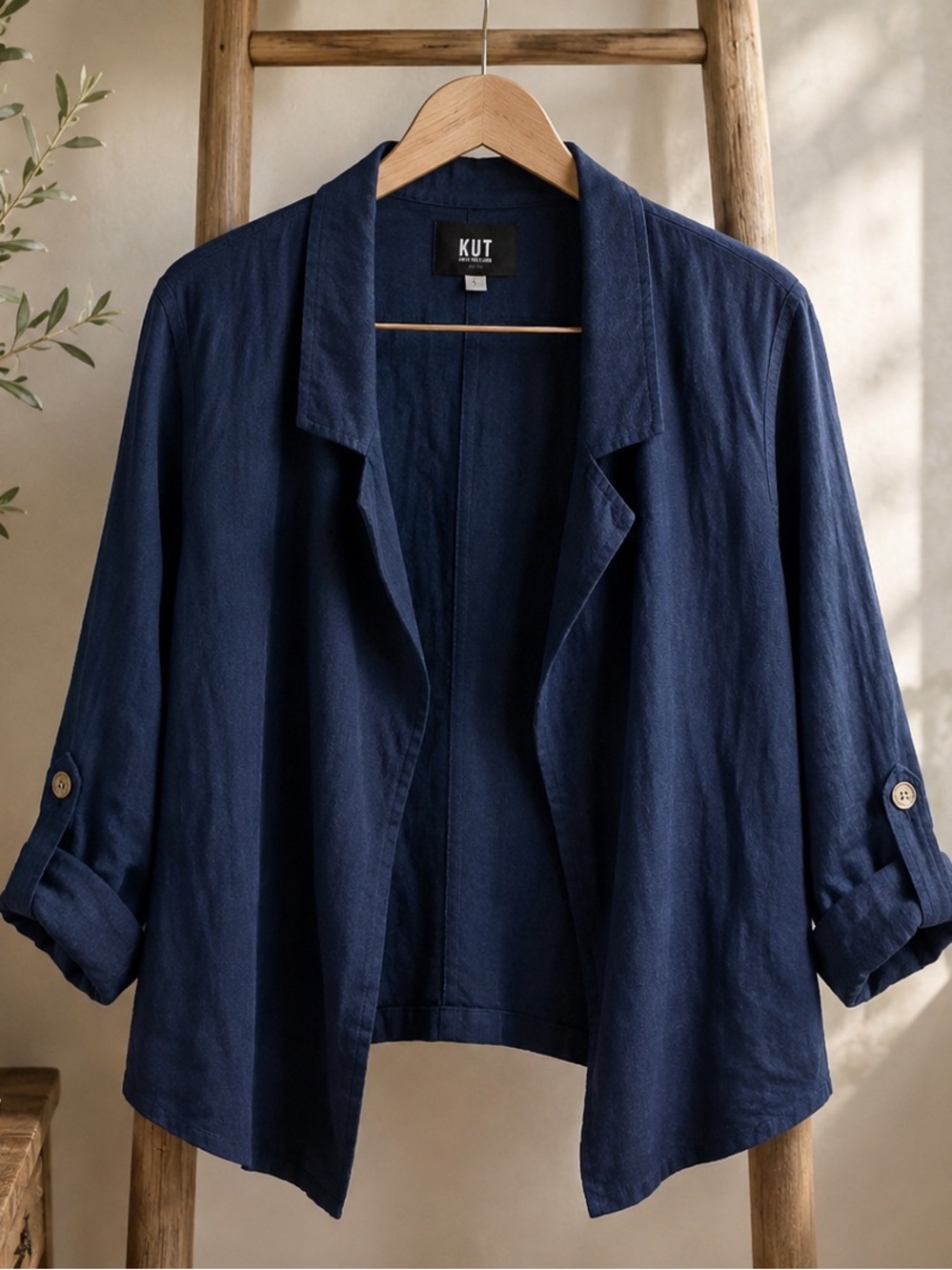 KUT From the Kloth Navy Linen Blend Open Front Jacket Blazer Size Large - Picture 3 of 9